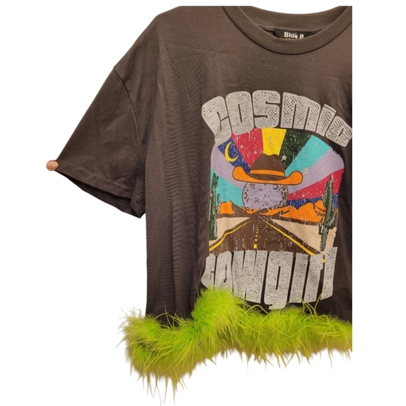 Blue B. Collection Cosmic Cowgirl Feather Boa Hem Gray Lime Green Tee Size Large - Picture 2 of 9